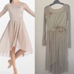 WEISSMAN solo Dance Costume tan custom maxi Mesh High-Low Midi Dress 14614 MA